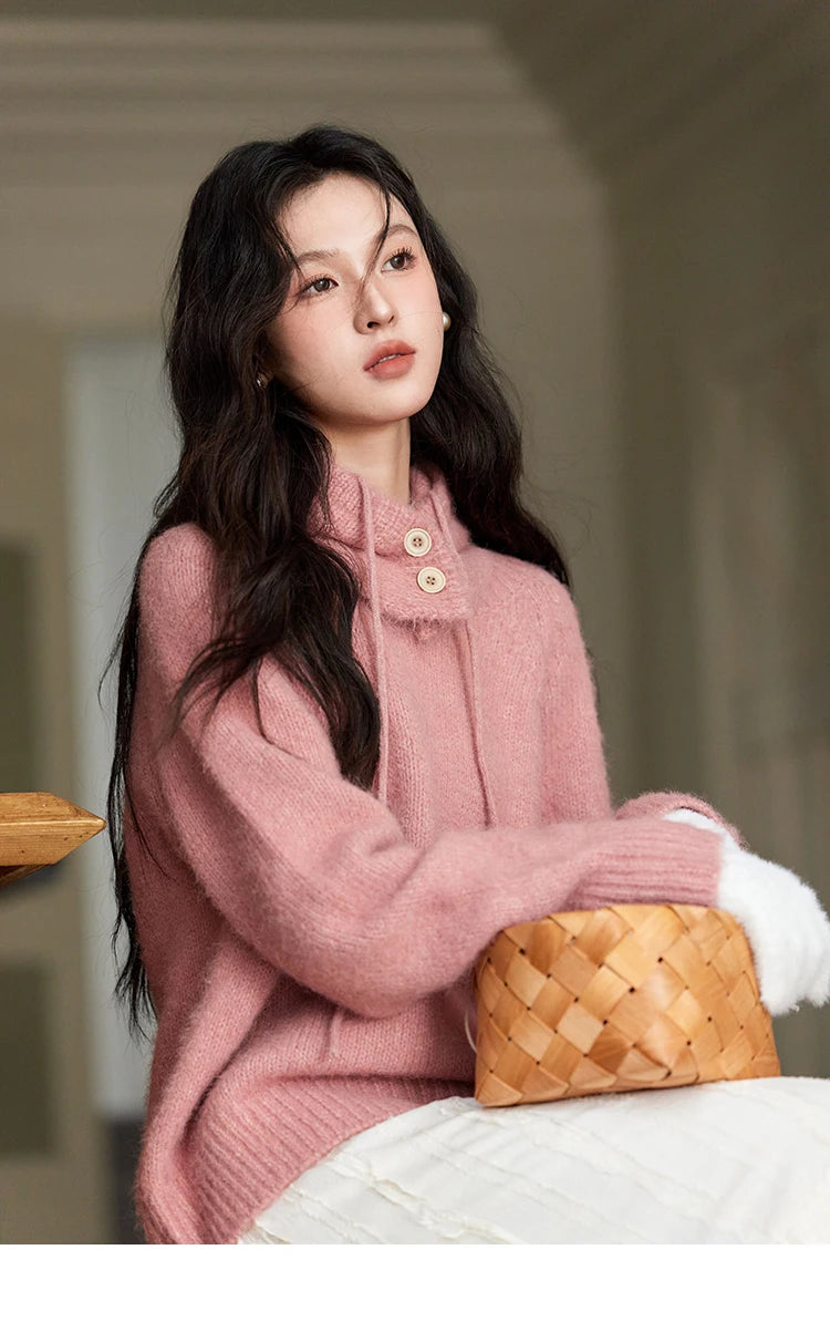 MISHOW Knitted Sweater Hooded Neck Warm Wool for Women 2025 Autumn Winter Cozy Loose-Fit Casual Solid Pullover Top MXD59Z1123