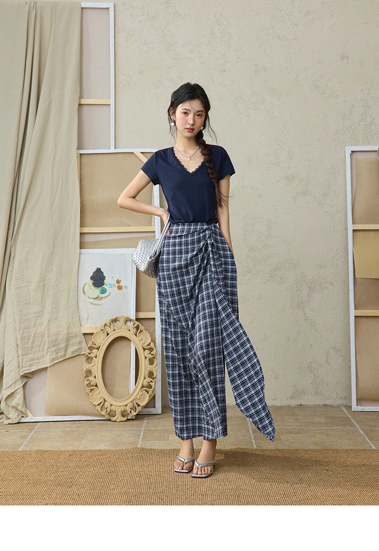 MISHOW Women's Short Sleeve T-shirt 2025 Summer Office Lady Fashion V-neck Spliced Lace Casual Tee Female Clothing MXE36T0644