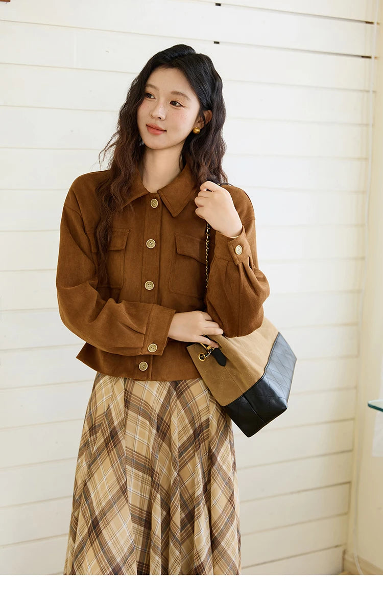 MISHOW Short Jacket for Women 2025 Autumn New Brown Lapel Metal Button Decorated Jacket Windproof Commuter Outerwear MXE46W0864