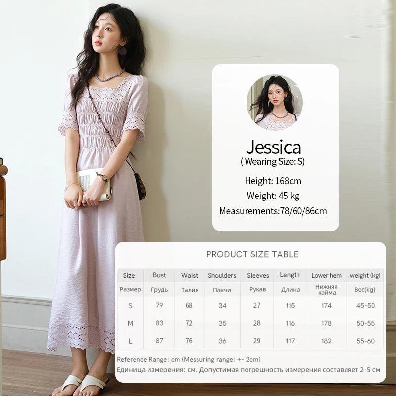 MISHOW Puff Sleeve Dress for Women 2025 Summer New Square Neck Fashion Lace Hollow Purple Dresses Female Clothing MXE39L2406