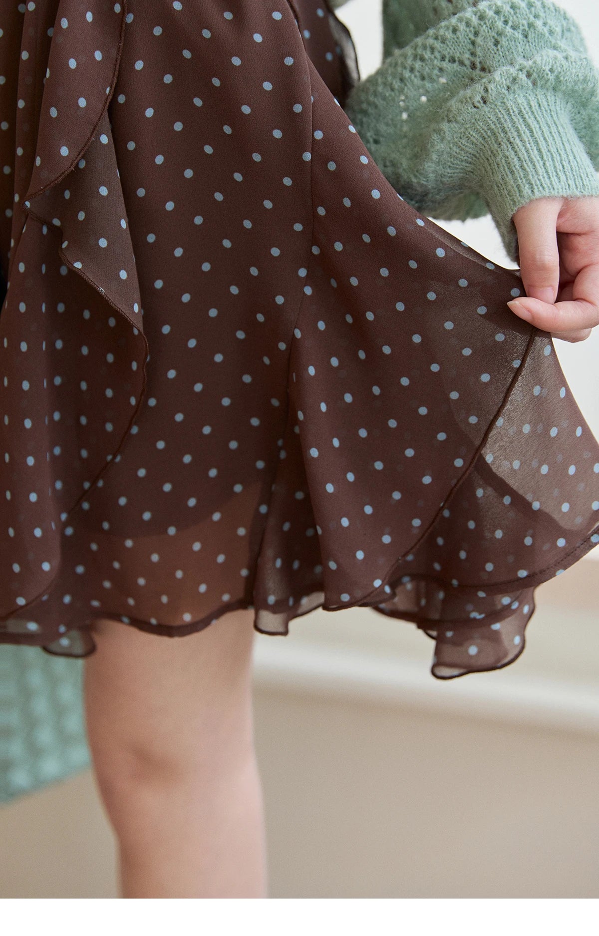 MISHOW Women's Brown Polka Dot Skirt Spring Irregular Ruffled Chiffon Elastic Waist Skirts Casual A-line Mini Skirt MXF13B2476