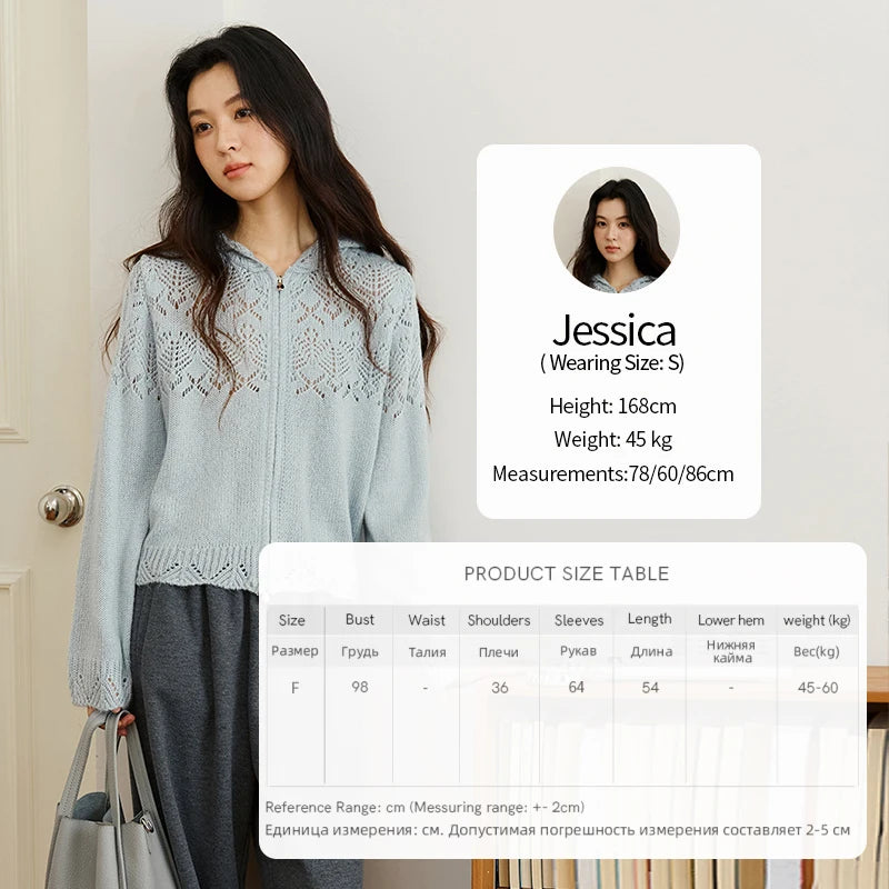 MISHOW Women's Autumn Cardigan 2025 New Loose Blue Hollow Knitted Cardigan Commute Hooded Short Zipper Sweater MXE46Z2584