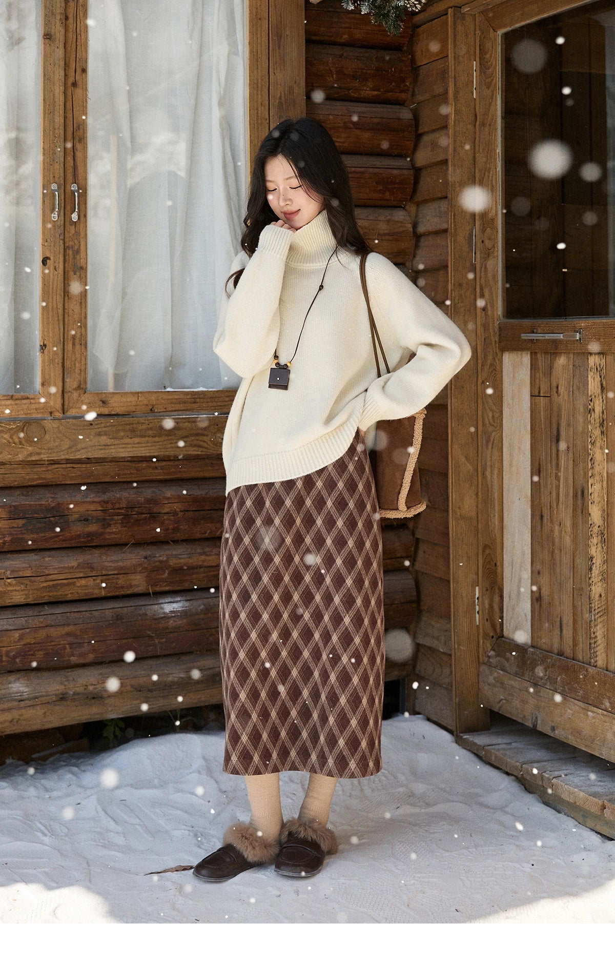 MISHOW Women's Brown Plaid Wool Blend Skirt 2025 Winter High Waist Slim A-Line Back Hem Split Back Elastic Midi Skirt MXE94B2461