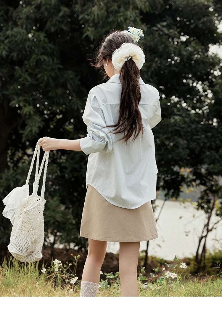 MISHOW Light Blue Striped Shirt for Women Spring 2025 Contrast Color Placket Shirt 100 Cotton Polo Neck Commuting Top MXE15C0762