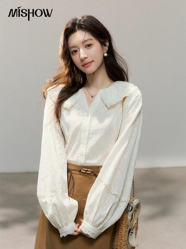 MISHOW Women's Beige Apricot Lace Shirts 2026 Spring Peter Pan Collar Micro Lantern Sleeves Top Casual Elegant Shirt MXF108C0813