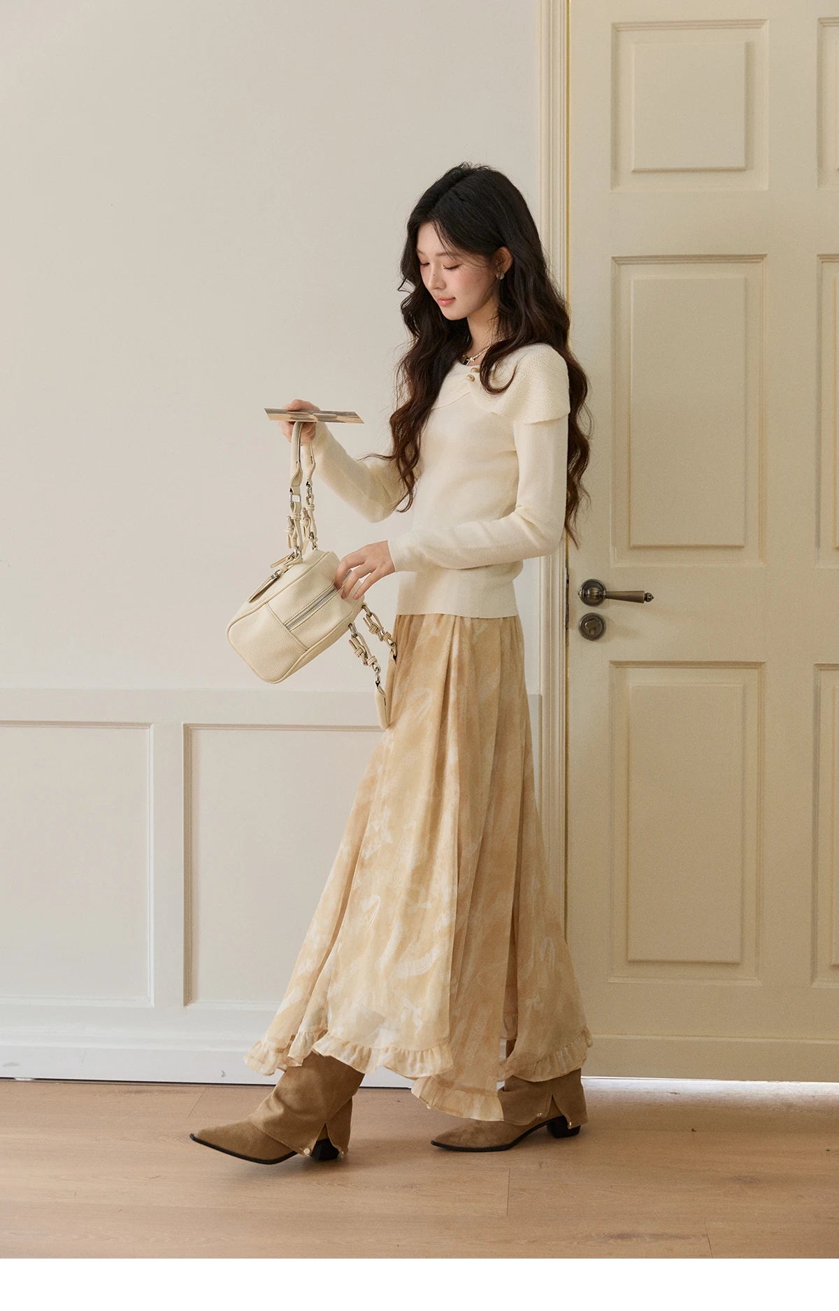 MISHOW Women's Beige Wool Blend Knit Sweater 2026 Spring Asymmetrical Collar Long Sleeve Top Slim Casual Thin Sweater MXF11Z2918