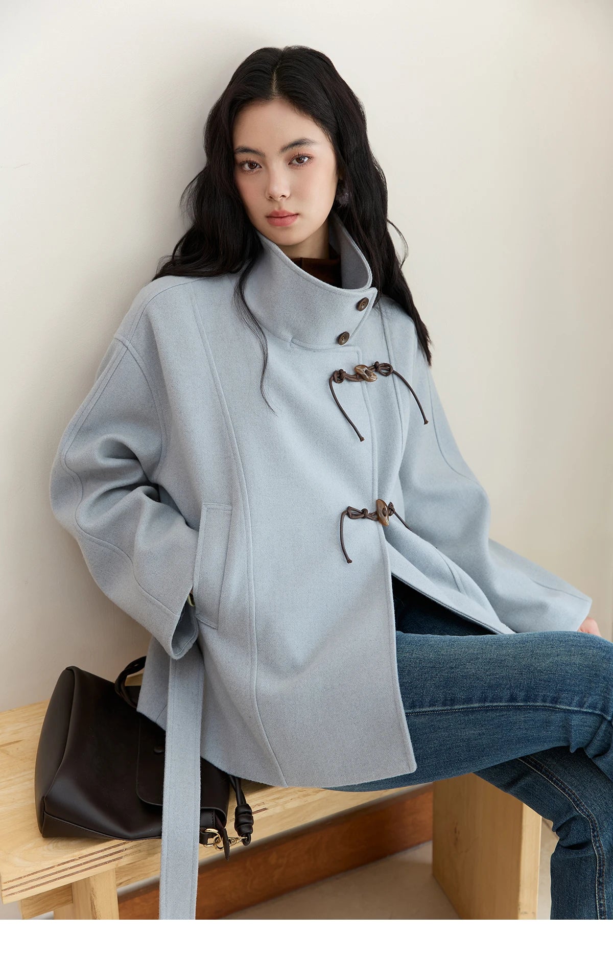 MISHOW Blue Woolen Coat Women 2025 Winter New Double-breasted Lace Up Coat Mid-length Windbreaker Women's Clothing MXE51W0872