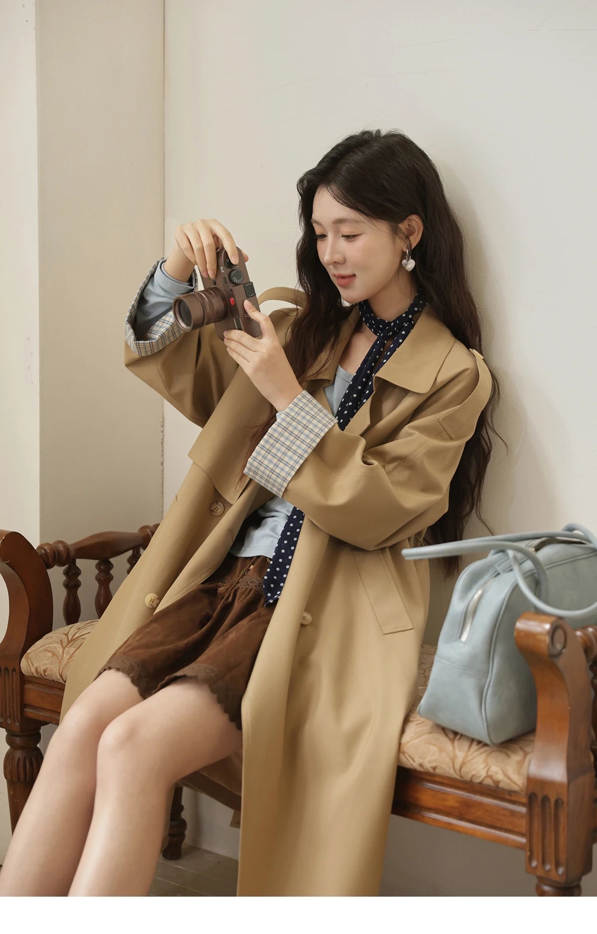 MISHOW Khaki Retro Plaid Flip Sleeve Trench Coat Autumn 2025 Double Breasted Belt Medium Length Trench Office Lady MXE44W0814