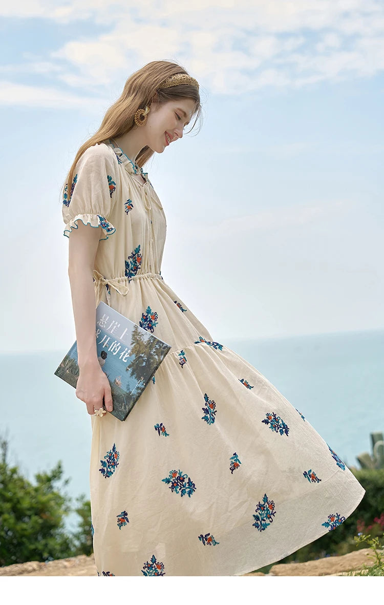 MISHOW French Romantic Dress 2024 Summer Women Embroidered Flower Fairycore Dresses Elastic Waist Drawstring Dress MXD24L1835