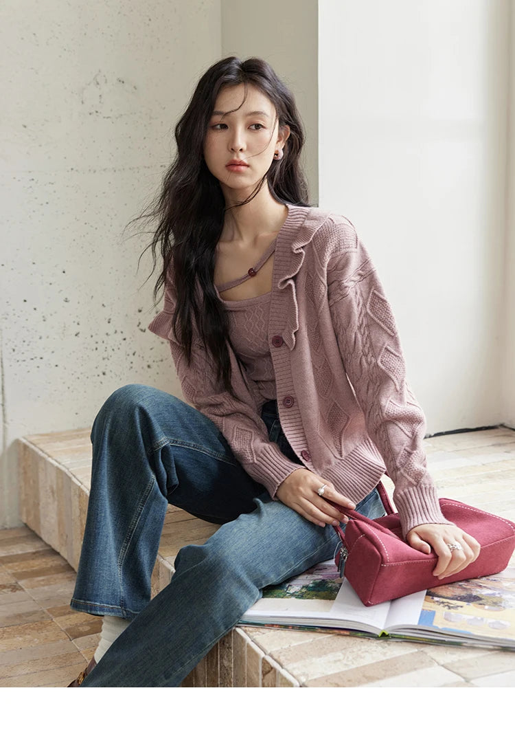 MISHOW Pink Knitwear Camisole Cardigan Separately 2024 Fall Fashion Sweet Knitted Vest Asymmetric Flounce Sweaters MXD45Z0781