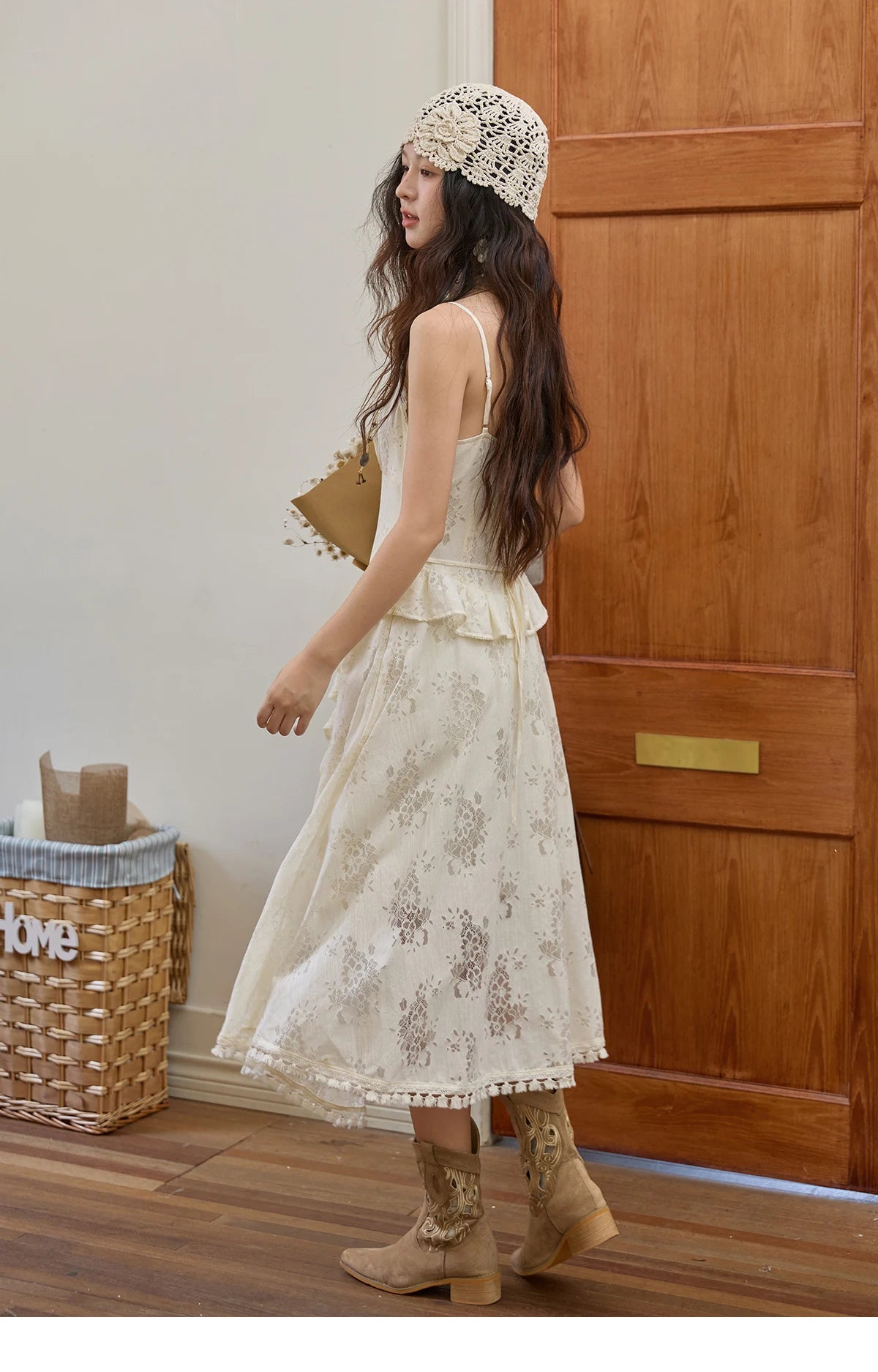 MISHOW Bohemian Apricot Lace Camisole Inner Dress Autumn Irregular Ruffle Tassel Hem Dresses Front Side Fork Dress MXE43L2449