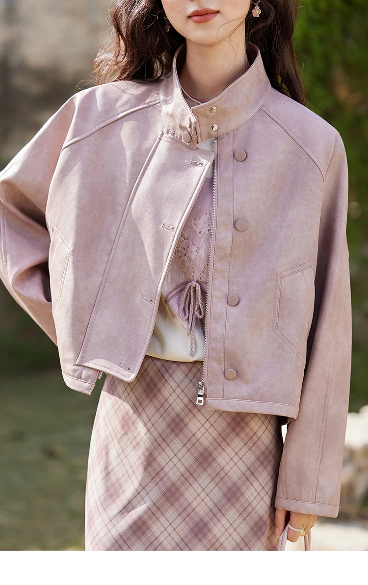 MISHOW Sweet Cool Blended Pink Purple Leather Coat Spring 2025 Stand Collar Motorcycle Style Jackets PU Leather Coats MXE13W0707