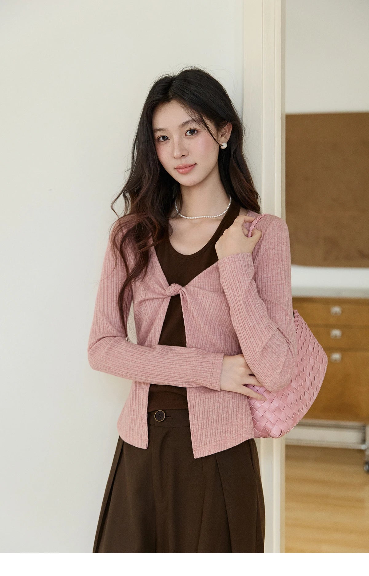 MISHOW Women's Pink Brown Fake Two-Piece Top 2026 Spring Ribbed Knit Knot Front Thin Top U-Neck Long Sleeve Slim Tops MXF11Z2912