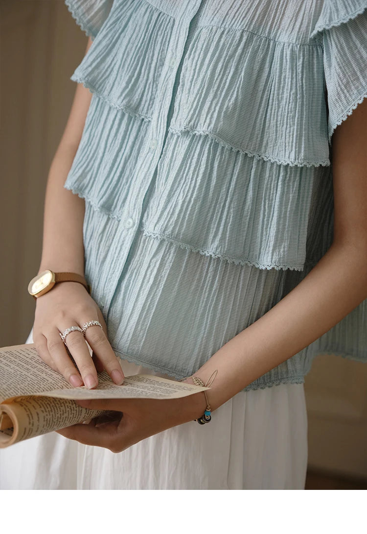 MISHOW Butterfly Sleeve Chiffon Shirt Women's 2025 Summer New Women's Clothing Retro Square Neck Button Casual Shirt MXD30X1488