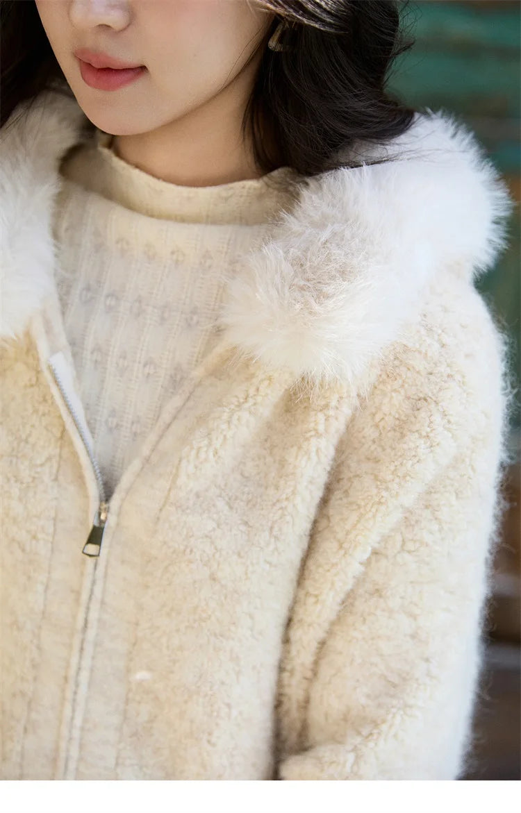 MISHOW Women's Beige White Cardigan Winter Fur Hood Zipper Warm Loose Outerwear Towel Embroidered Knitted Cardigan MXE94Z2963