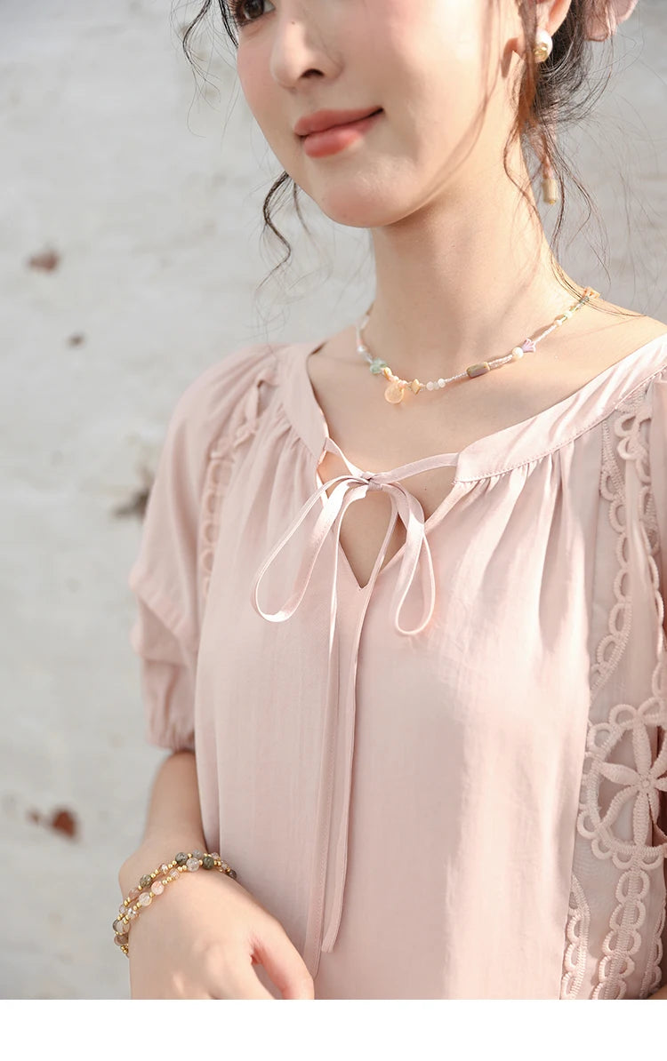 MISHOW Vacation Tea Break Sweet Dress 2024 Summer French Temperament Hollowed Out Dresses Embroidered Lace-up Dress MXD30L1950