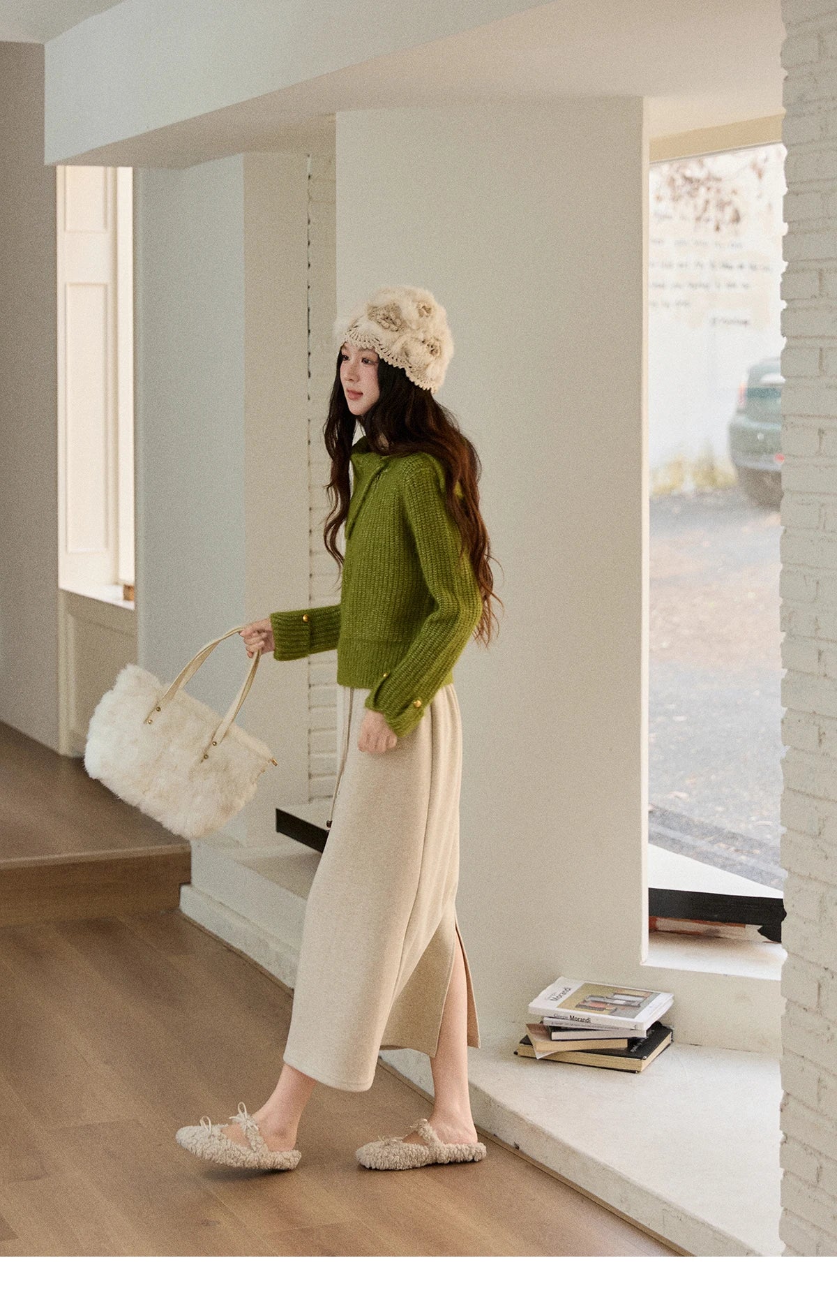 MISHOW Woman Green Sweater 2025 Winter Wool Blend Long-pile Large Lapel Knit Top Loose Design Commute Pullovers MXE90Z2760