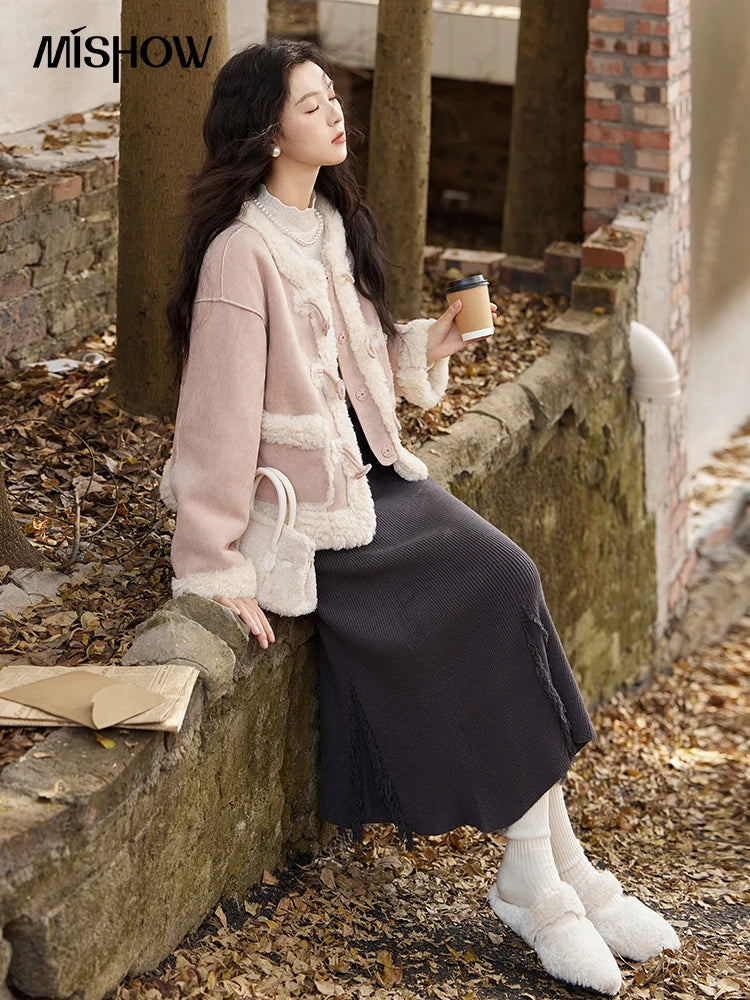 MISHOW Double Face Fur Coat For Women 2024 Winter Sweet Korean Vintage Suede Splicing Fleece Warm Thickened Jacket MXD55W0646