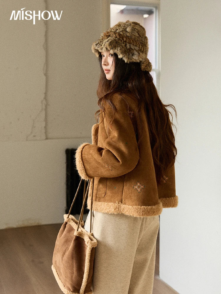 MISHOW Women Brown Jacket 2025 Winter Retro Stand Collar Single-Breasted Windproof Coat Comfortable Long-Sleeve Coat MXE86W0910