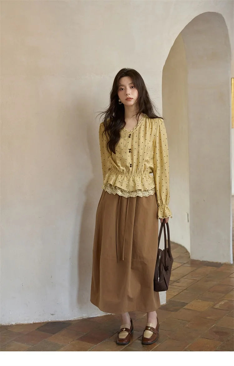 MISHOW Yellow Polka Dot Linen Blouse V-Neck Flare Sleeve MXE42X1975