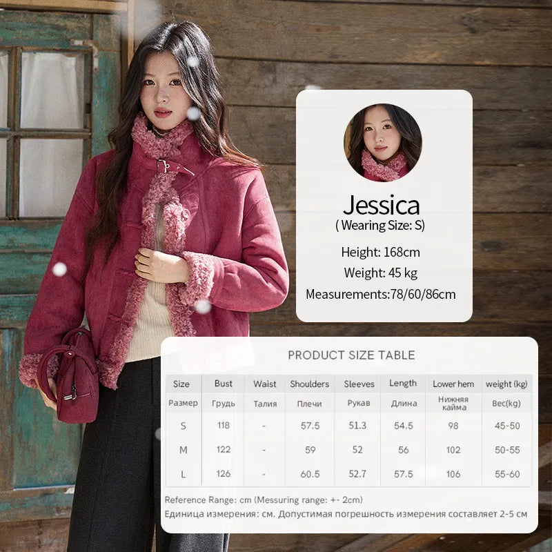 MISHOW Women's Dragon Fruit Red Suede Patchwork Coat 2025 Winter Color Block Stand Collar Thickened Short Outerwear MXE87W0942