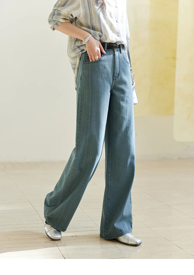 MISHOW Versatile Denim Straight Leg Pants for Women Spring 2025 Embroidery Pockets Commuting Loose Denim Trousers MXE14K0870