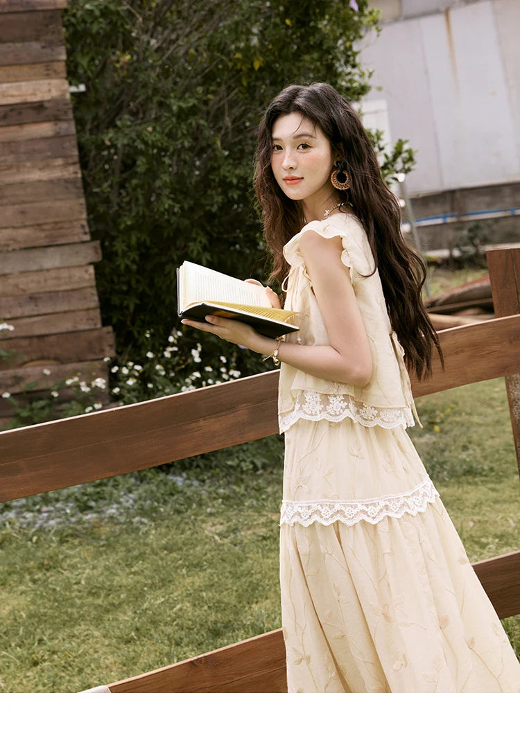 MISHOW Sweet Summer Skirt Sets Women New 2025 Short Flying Sleeve Round Neck Tops Hollow Embroidery A-line Skirt Lady MXE33T0545