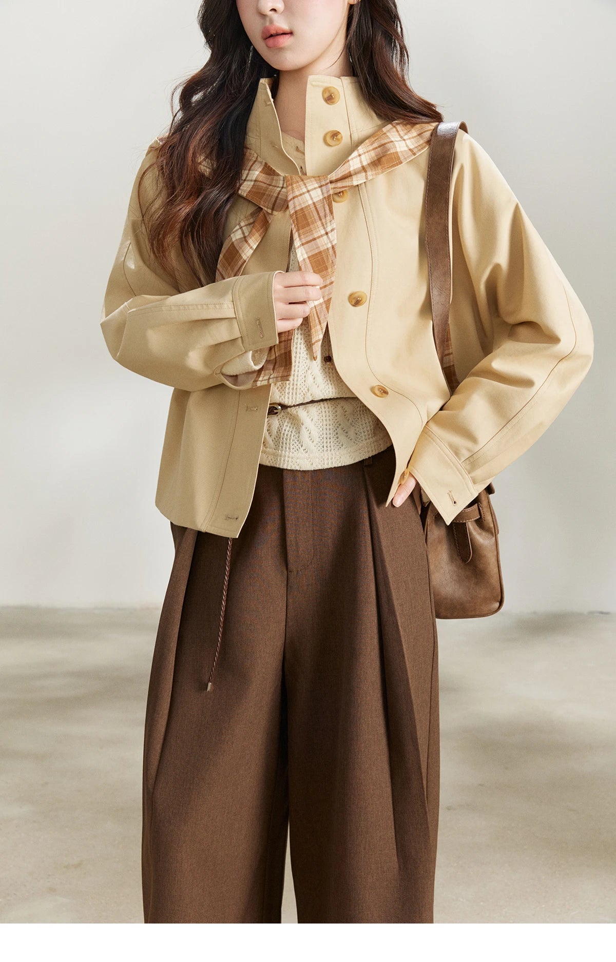 MISHOW Women's Khaki Cropped Trench Coat Spring Lapel Stand Collar Coats Removable Plaid Cap Casual Loose Jacket MXF108W1003