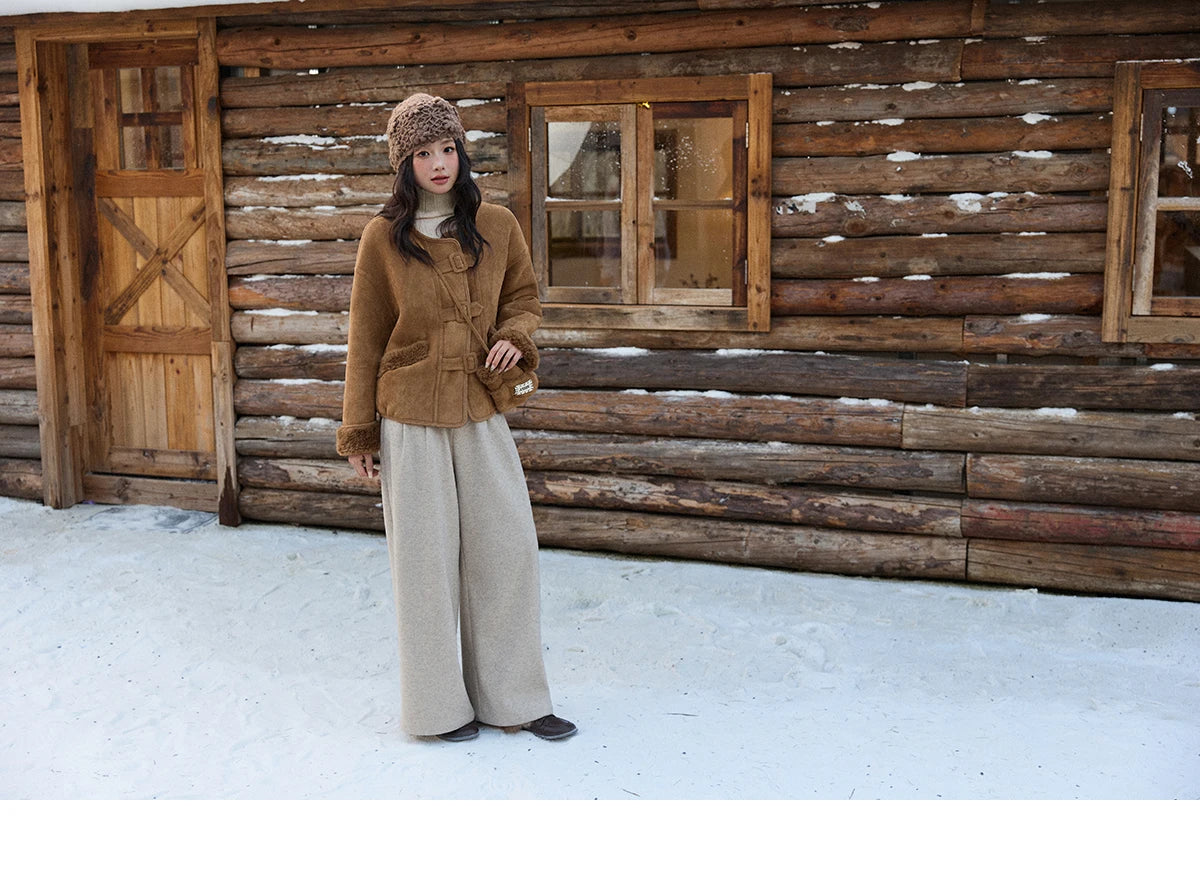 MISHOW Women's Warm Jacket 2025 Retro Luxury Brown Round Neck Long Sleeve Coat Commuting Windproof Loose Coat Woman MXE90W0994