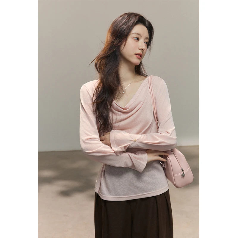 MISHOW Women's Multi Colored Knitted Top 2026 Spring Swinging Collar Flare Sleeve Top Side Twist Whist Casual T-Shirt MXF13T1473