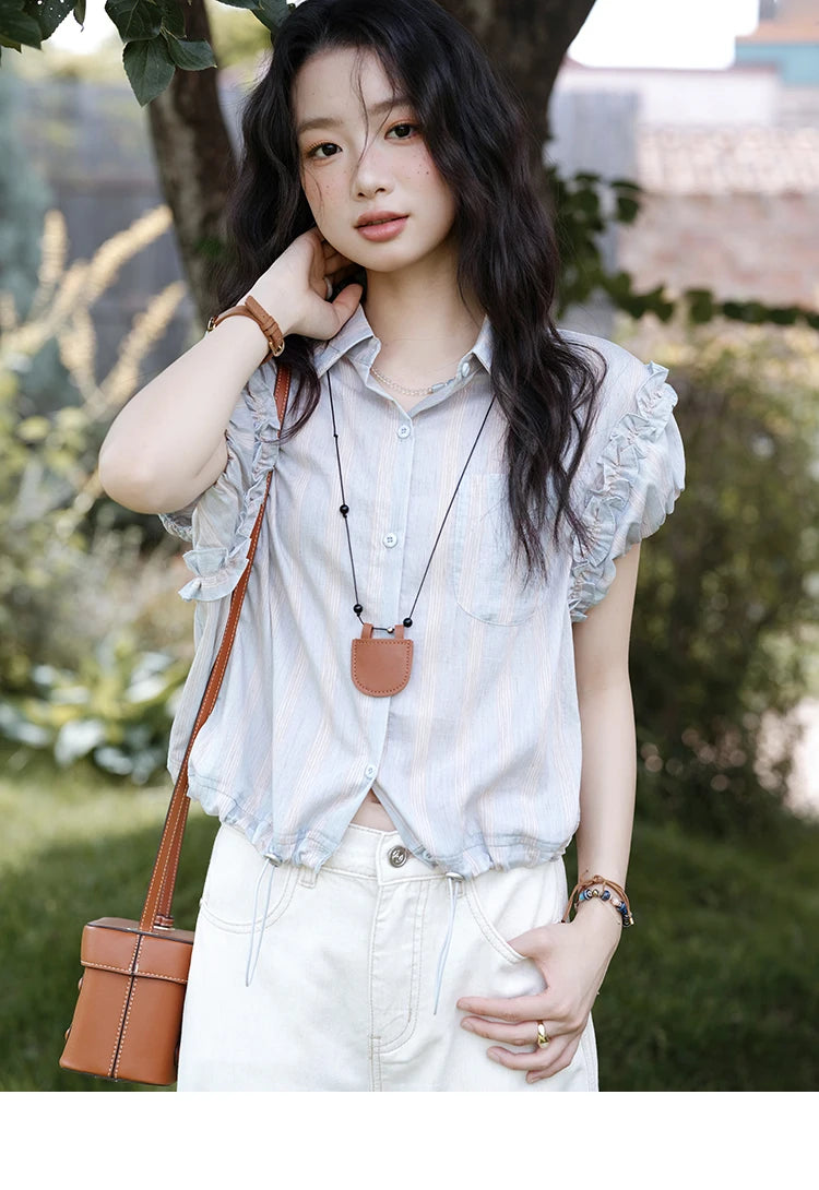 MISHOW Women's Short Sleeve Shirt 2025 Summer Ladies Turn-down Collar Button Shirt Casual Striped Top Female Clothing MXE38C2347