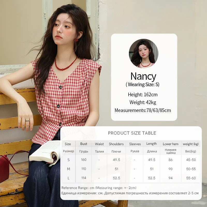 MISHOW Women's Fashion V-neck Shirt 2025 Summer New Plaid Ladies Red Button Shirt Casual Retro Top Female Clothing MXE37X1921