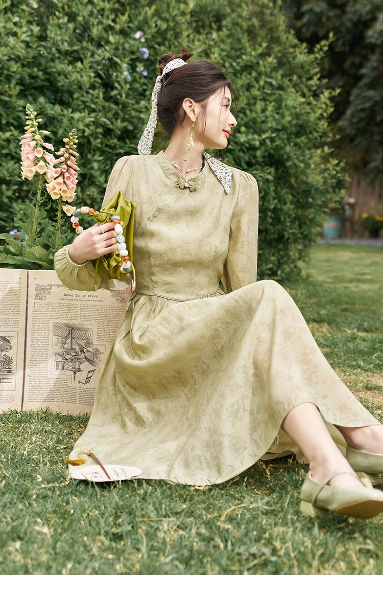 MISHOW Retro Chinese Improved Cheongsam Dress 2024 Spring Chiffon Printing Green Puff Sleeve Stand Neck Waist Dresses MXD14L1767