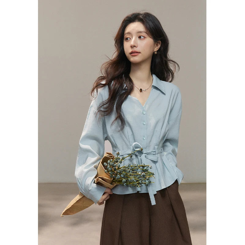 MISHOW Women's Light Blue Lyocell Shirt 2026 Spring Polo Neck V-neck Belted Waist Shirt Casual Peplum Long Sleeve Top MXF13C2437
