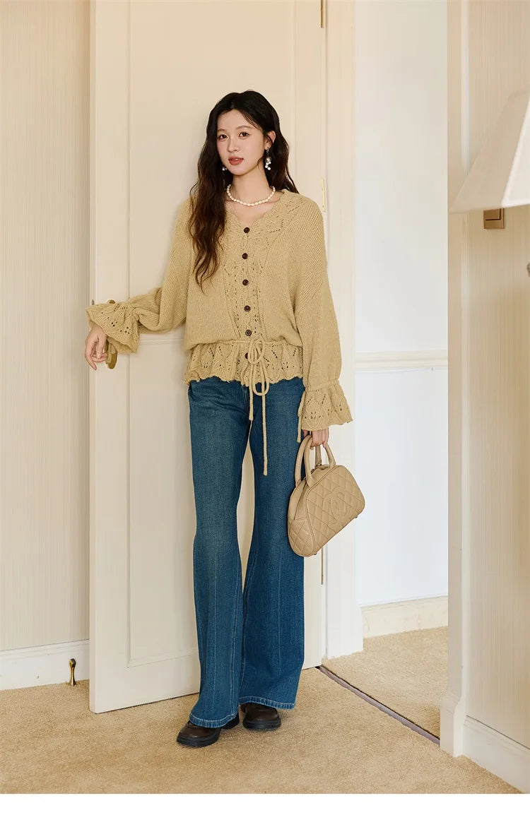 MISHOW Handmade Crochet Sweater Cardigan Autumn Mohair Flare Sleeve Knitted Tops Wave V-neck Lace-up Waist Sweater MXE47Z2513