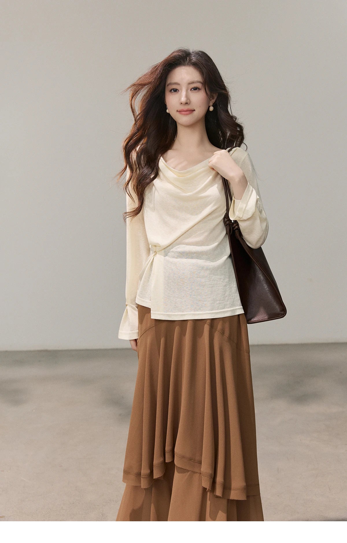 MISHOW Women's Multi Colored Knitted Top 2026 Spring Swinging Collar Flare Sleeve Top Side Twist Whist Casual T-Shirt MXF13T1473