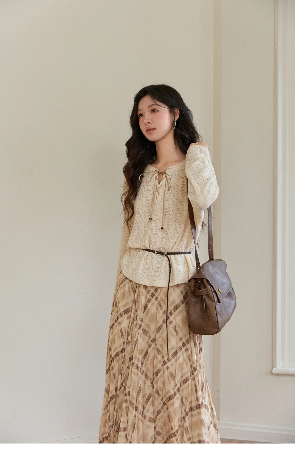 MISHOW Women's Beige Apricot Knitted Sweater 2026 Spring V-Neck Lace-Up Cable Knit Casual Loose Top Excluding Belt MXF108Z1029