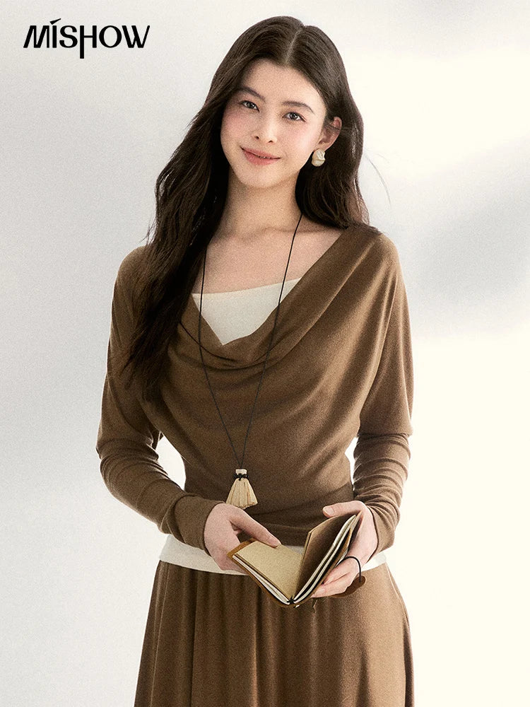 MISHOW Women's Draped Neck Tops with Camisole Two Piece Set 2026 Spring Long Sleeve Slim Casual Soft Brown Tops MXF11T1458