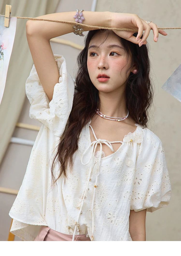 MISHOW Fashion Embroidery Jacquard Design Short Sleeve Shirt for Women 2025 Summer New V-neck Lace Up Retro Loose Top MXE35X1790