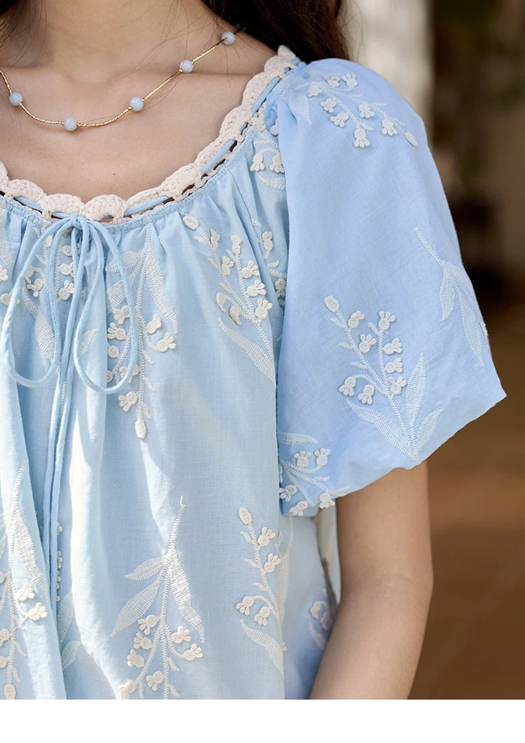 MISHOW Blue Pure Cotton Embroidered Blouses 2025 Summer Wave Edged O-neck Tops Contrasting Lace Up Loose Doll Blouses MXE35X1791