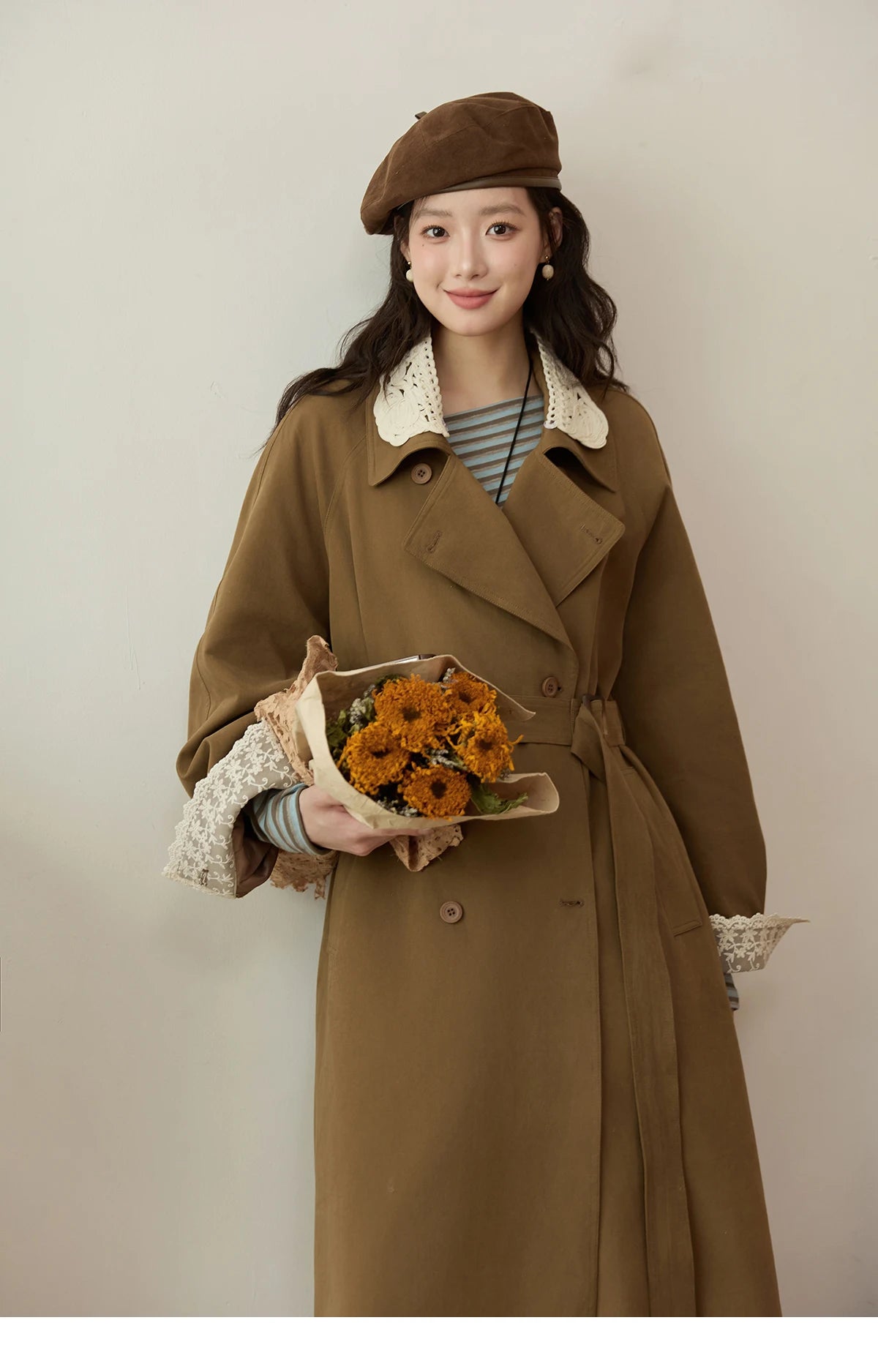 MISHOW Trench Coat Women 2025 Autumn Fashion Light Khaki Lace Long Windbreaker Jacket Long-sleeved Coat with Belt MXE45W0830