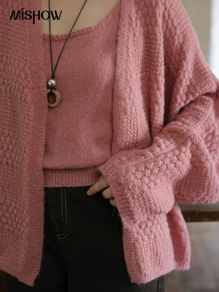 MISHOW Women's Pink Knit Two-Piece Set 2025 Autumn Sweet Long Sleeves Cardigan with Vest Casual Women's Clothes Set MXE44T0737
