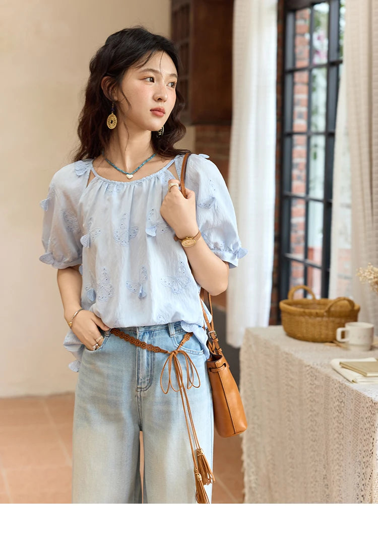 MISHOW Women's Butterfly Embroidery Blouse 2025 Summer New Fashion Hollow Out O-Neck Casual Top Female Clothing MXE36X1878
