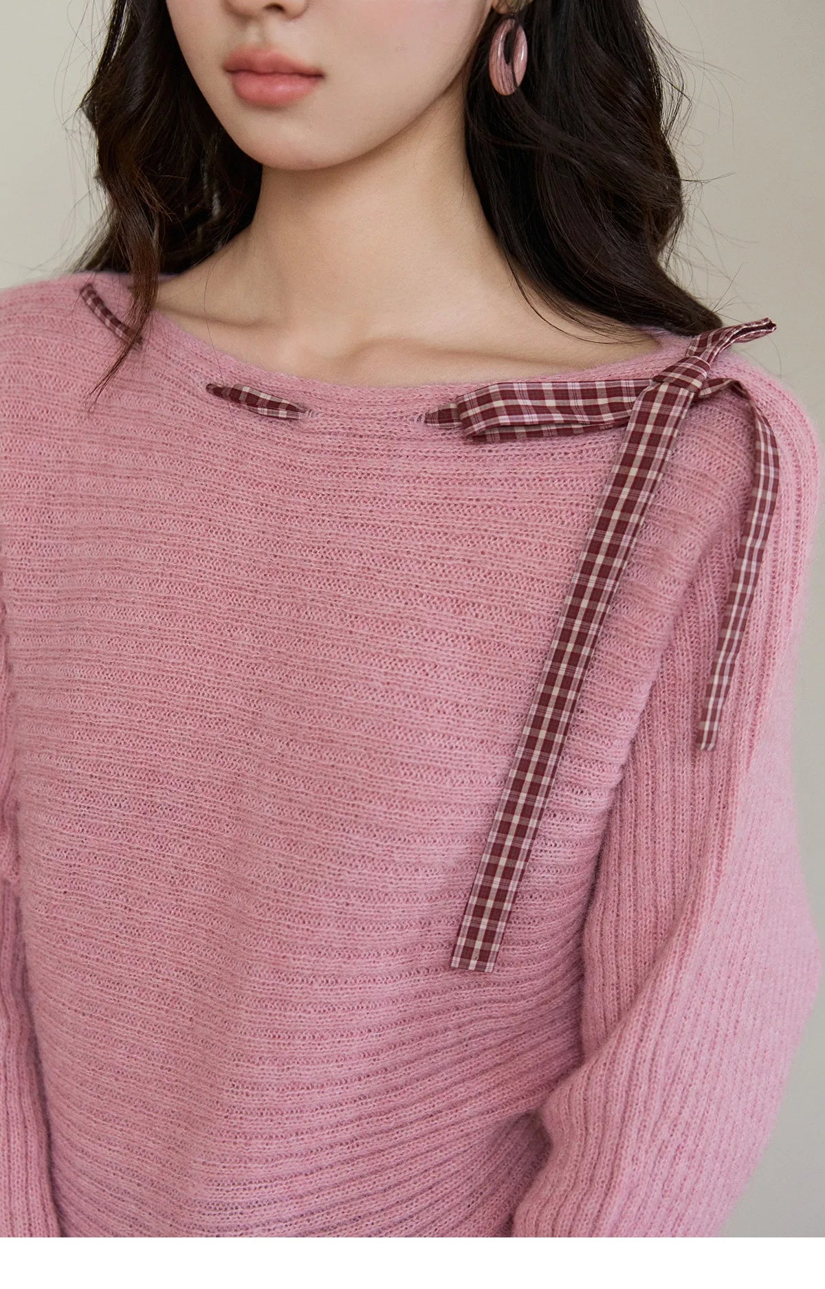 MISHOW Women's Pink Ribbed Knit Sweater 2026 Spring Plaid Bow Decor Peplum Hem Long Sleeve Casual Slim Pullover Tops MXF11Z3016