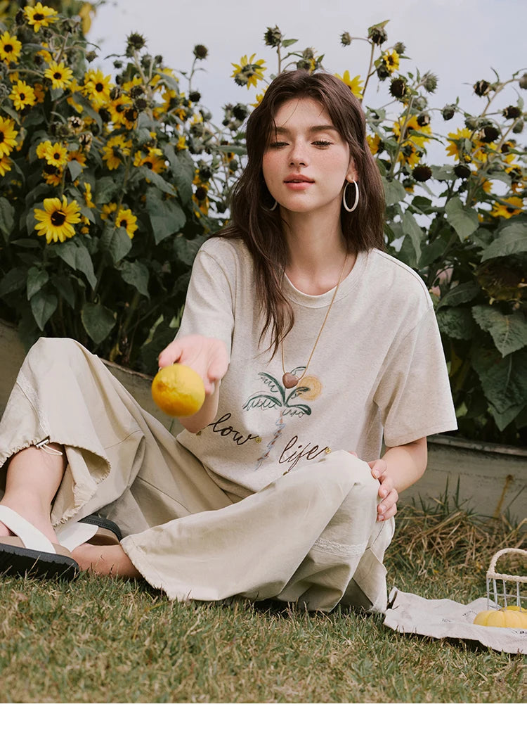 MISHOW Casual Summer Print Shirts Women 2025 Short Sleeve Round Neck Coconut Tree Straight T-shirts Woman Versatile MXE31T0520