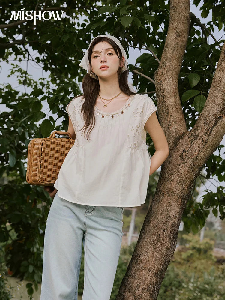 MISHOW French Summer Elegant Blouses Women 2025 Solid Short Flying Sleeve Round Neck Hollow Lace Shirts Woman Fashion MXE33X1778