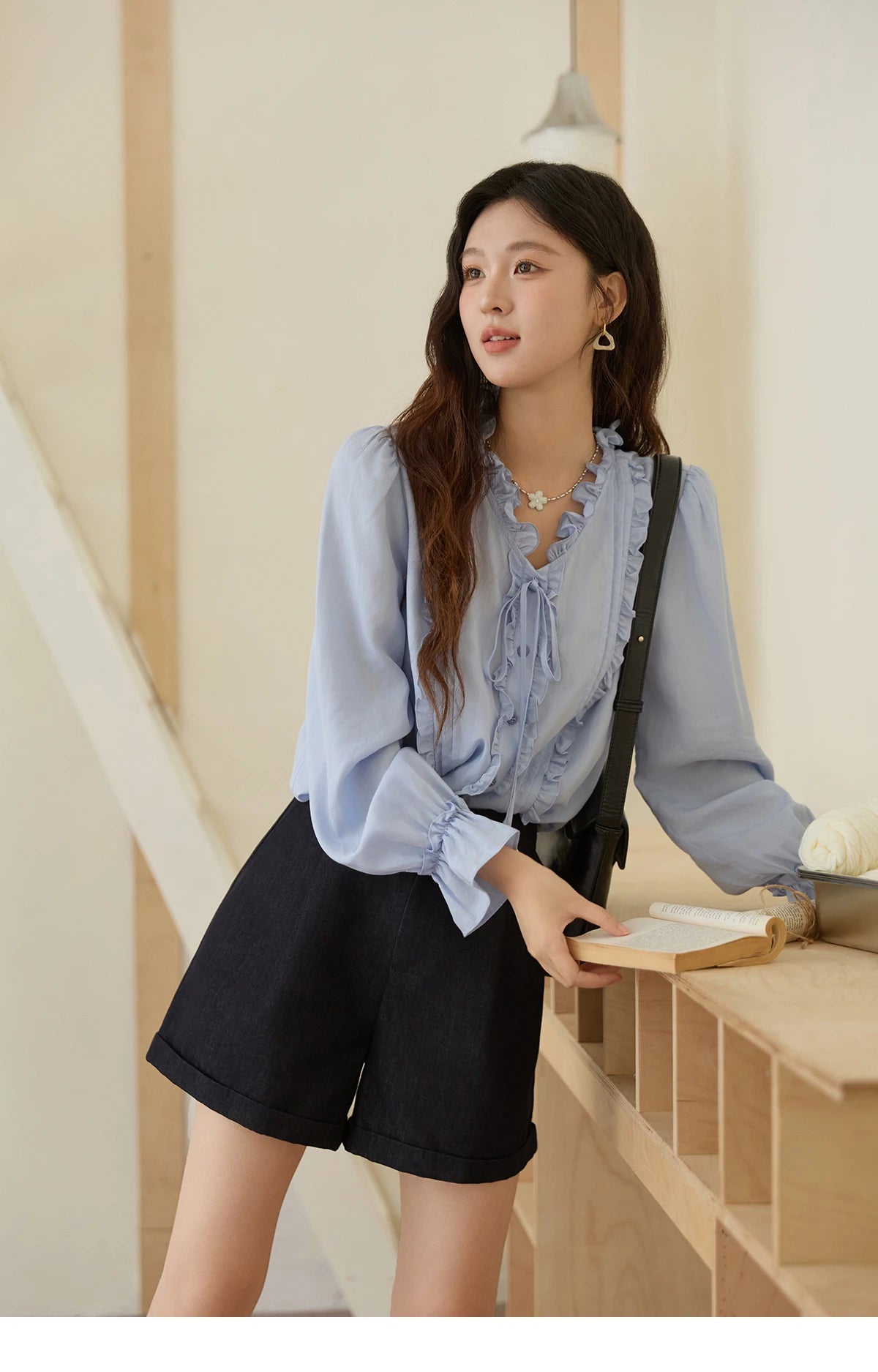 MISHOW 100% Lyocell Women's Blue Shirt 2025 Autumn French Ruffles Long Sleeves Ties Blouse Office Lady Elegant Top MXE45X2484