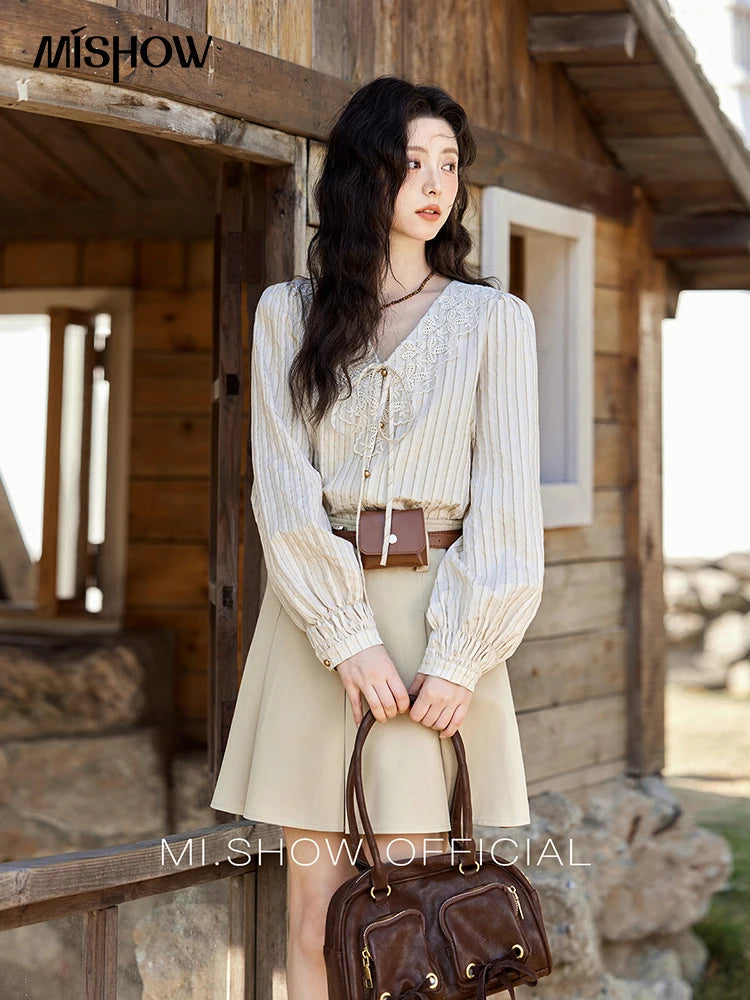 MISHOW French Retro V-neck Lace-up Striped Shirt for Women Spring 2025 Embroidered Lace Long Sleeve Top Casual Shirts MXE12X1715