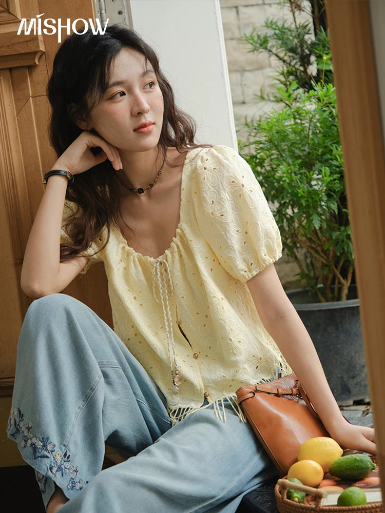 MISHOW Women's Fashion Hollow Out Blouse Summer 2025 Embroidery Puff Sleeve Square Collar Tassel Ladies Casual Top MXE37X1851