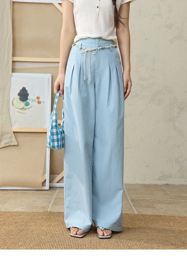 MISHOW Sea Salt Blue Wide Leg Pants 2025 Summer Contrasting Bead Belt Cotton Blend Trousers Slim Commuting Pants MXE35K0931
